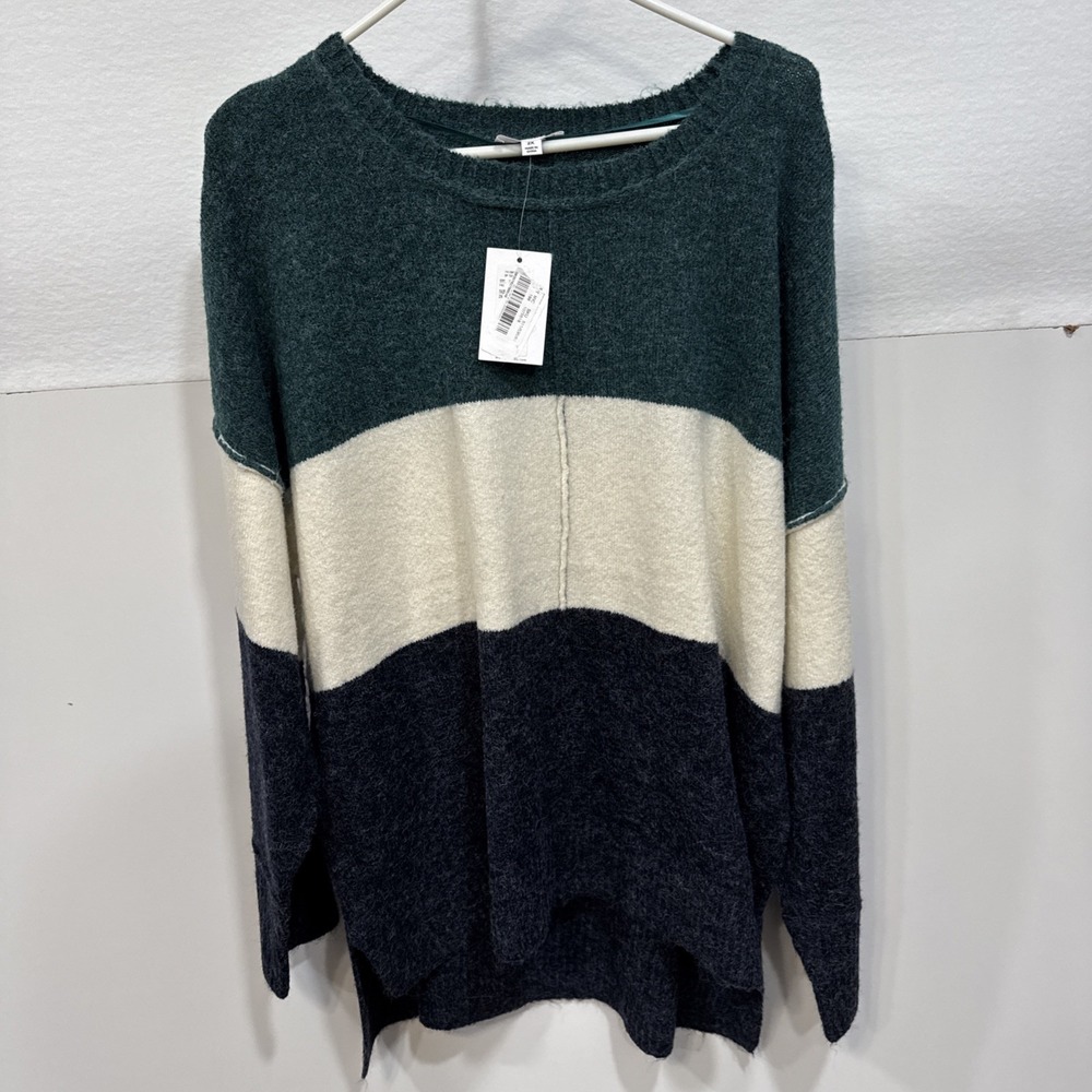 NWT Westbound Sweater 2x Women green ivory, navy blue stripe soft Fall Holiday